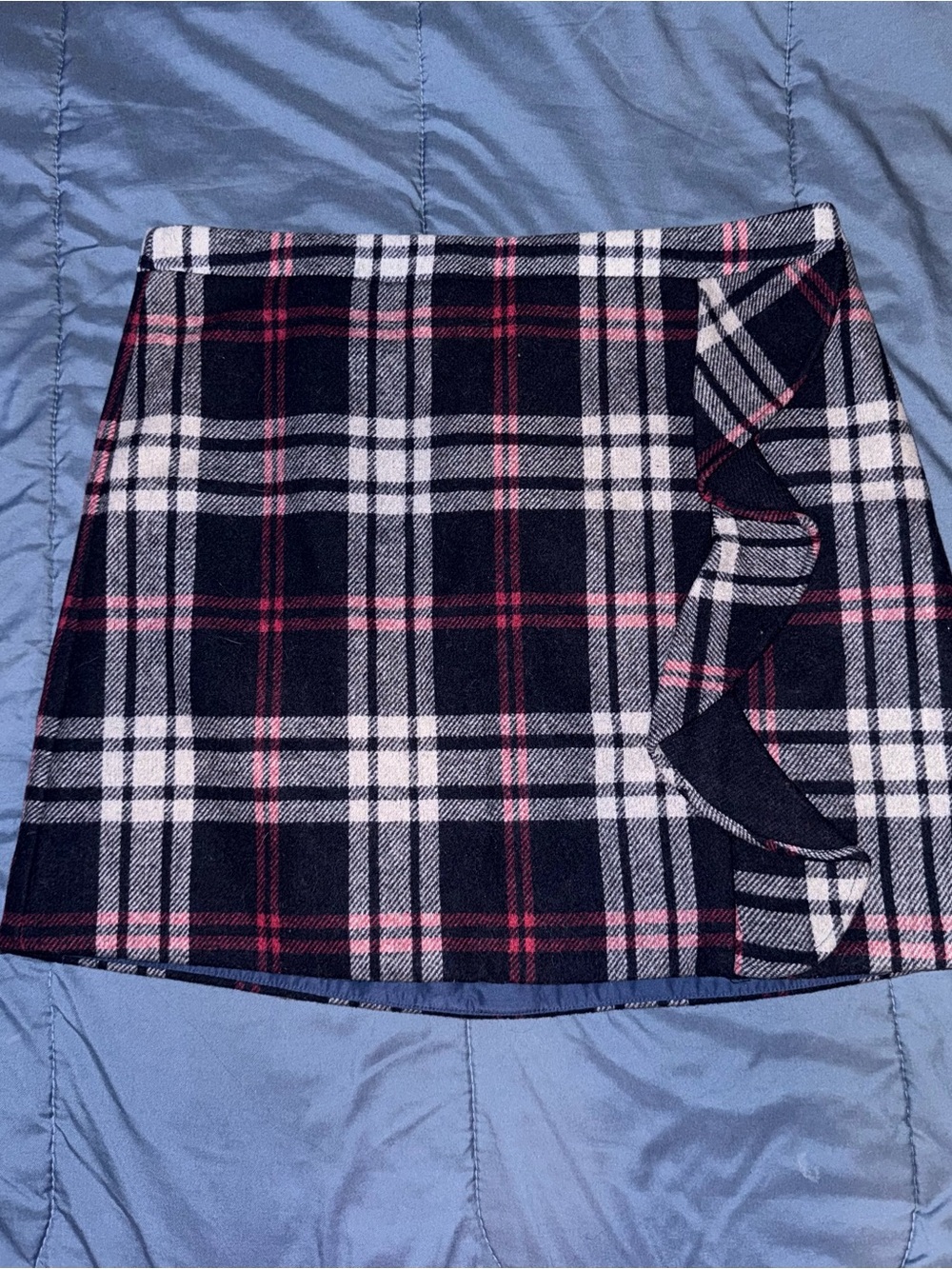 J. Crew Navy Plaid Mini Skirt with Pink Trim and Ruffle